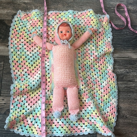 Vintage Crochet Doll with Pastel Patch Blanket Lovey - Picture 5 of 6